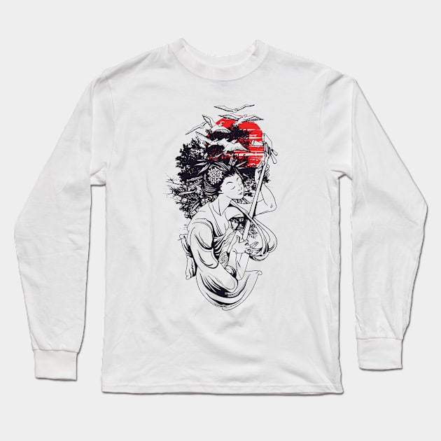 Geisha Playing Music Long Sleeve T-Shirt by MarinasingerDesigns